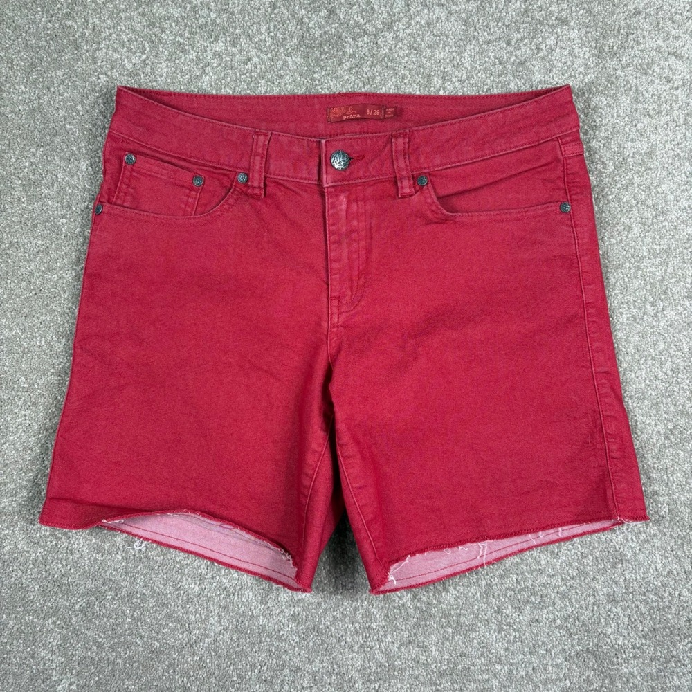 Prana Womens Red Organic Cotton Blend Raw Hem Denim Shorts Size 8 29